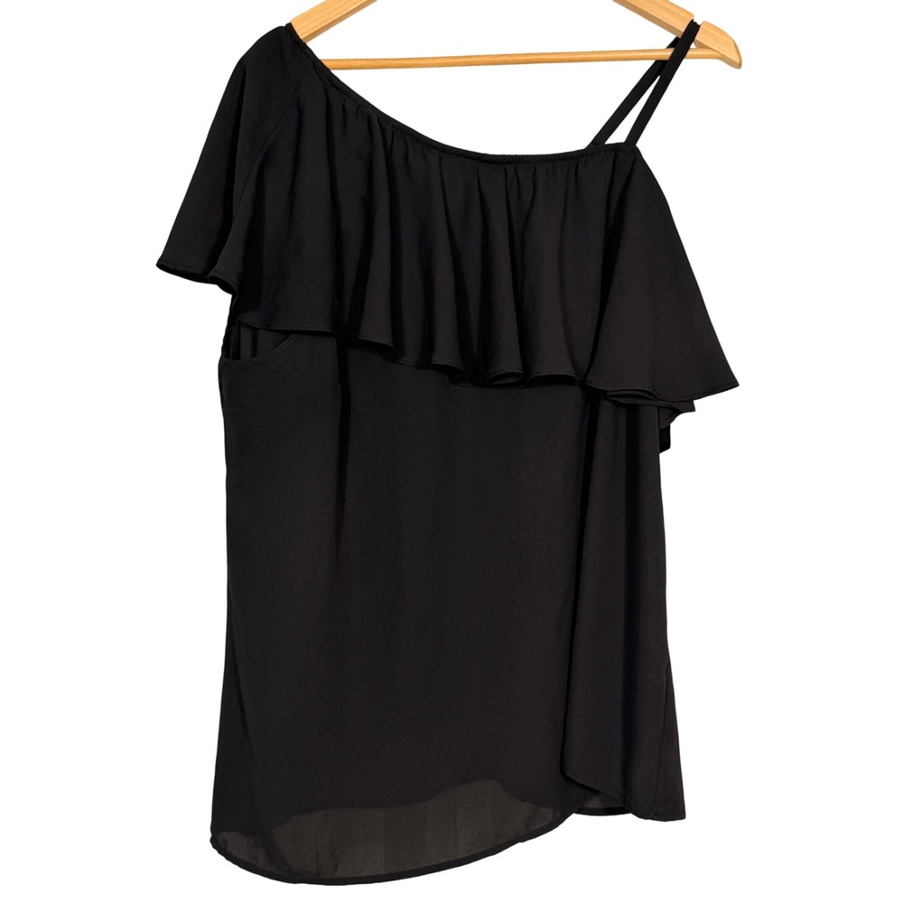 Torrid Black One Shoulder Ruffle Blouse Plus Size 2 Asymmetrical Chiffon Top
